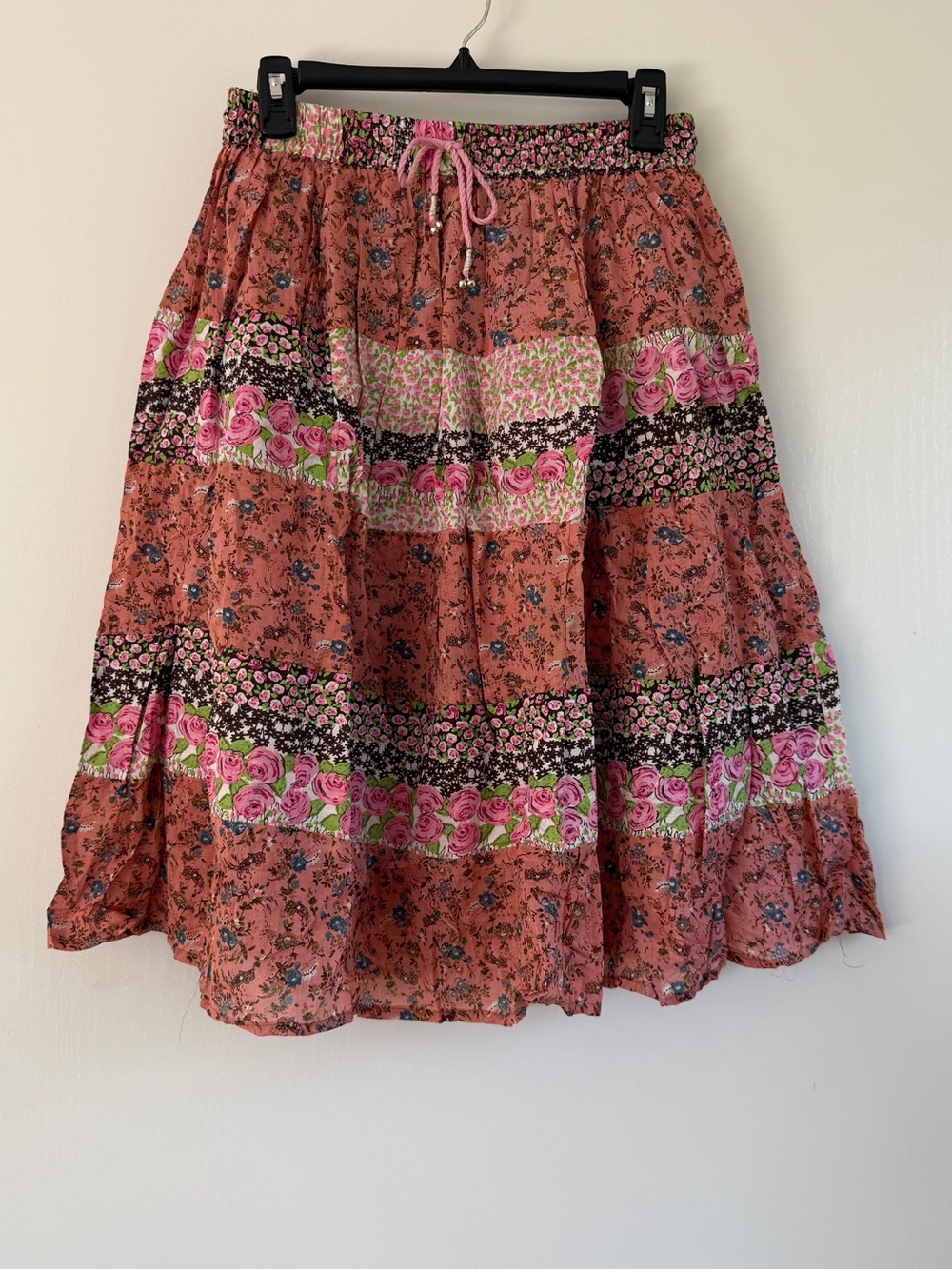 Floral Tiered Drawstring Midi Skirt - Pink Floral 100% Cotton Made in India Boho